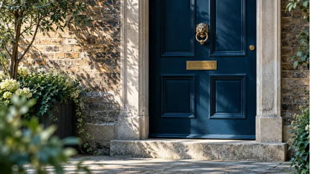 Navy front door with a brass knocker and letterbox beside weathered brick and a stone step