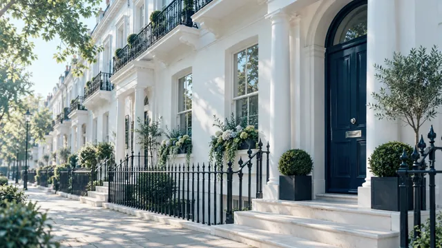 A white stucco terrace in morning light, with black iron railings, potted box balls and a navy front door at the top of stone steps