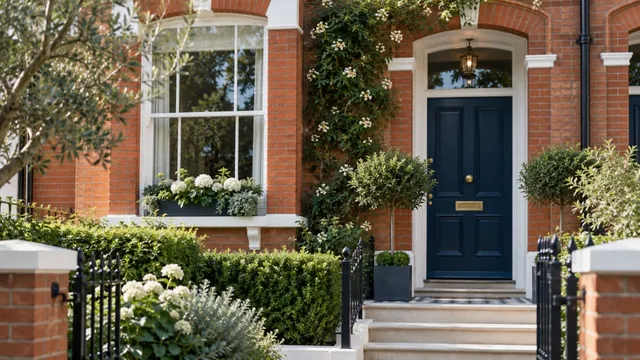 Red-brick terraced house with a navy front door, white sash window, climbing jasmine and a small hedged front garden