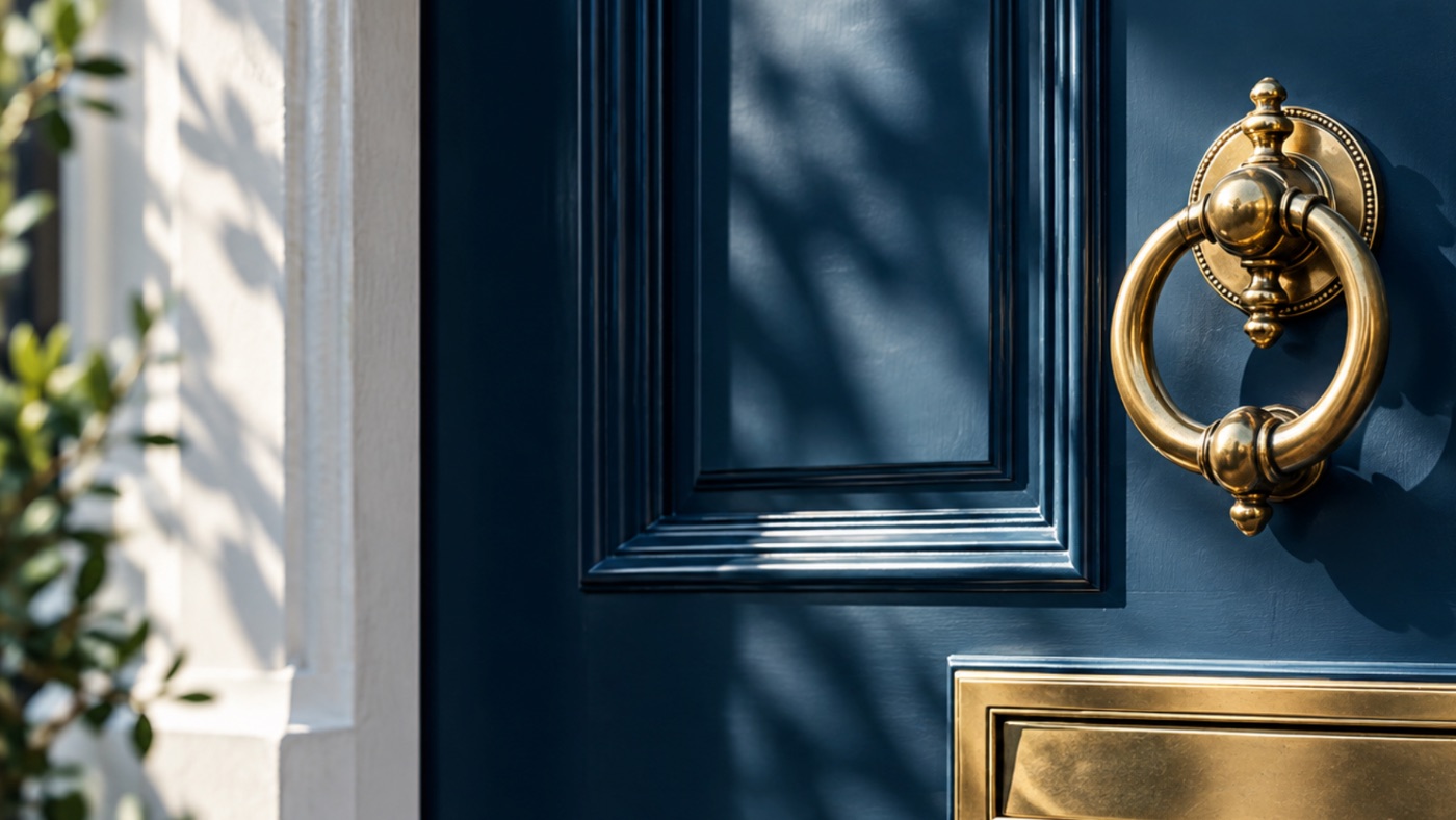 Close-up of a brass ring knocker and letterbox on a navy panelled door, with crisp leaf shadows