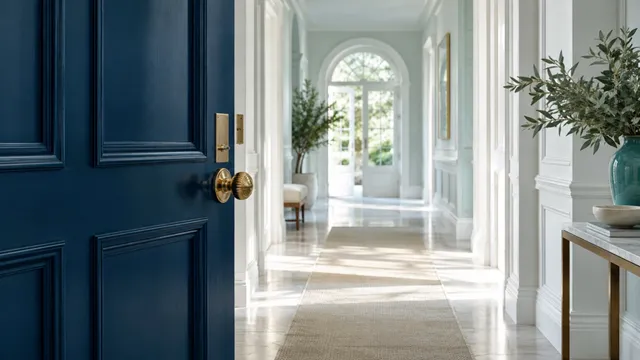 A navy front door with a brass knob stands open onto a bright white hallway with a marble floor, a woven runner and soft daylight