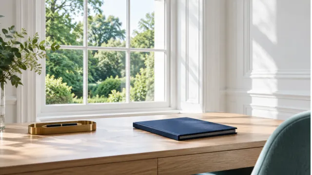Oak desk by a sash window with a closed navy folder and a brass pen tray