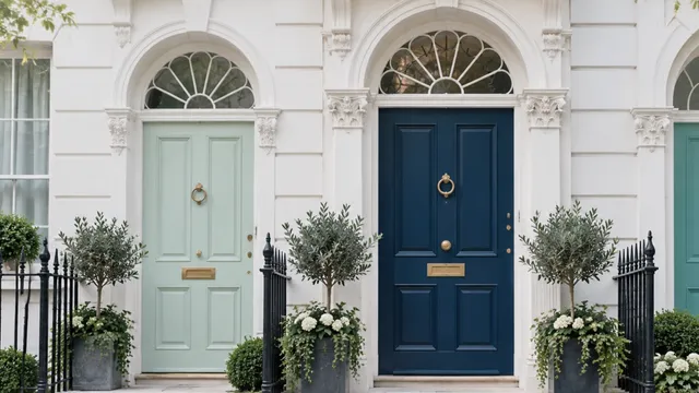 A row of white Georgian front doors seen straight on, one deep navy between a mint and a turquoise door, with fanlights and small olive trees
