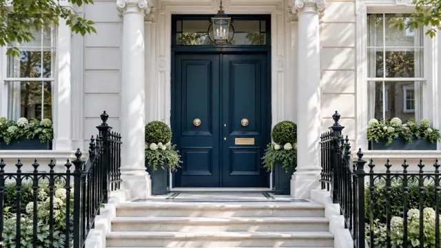 Grand white stone entrance with navy double doors between columns, stone steps and black railings