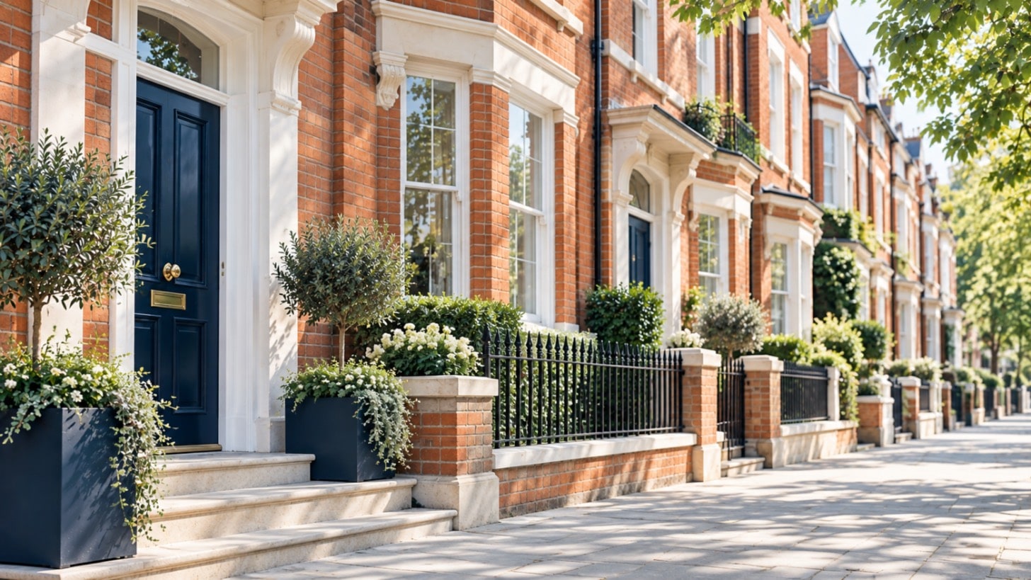 A row of Victorian red-brick terraced houses with navy front doors, white window frames and black railings on a sunny, tree-lined street