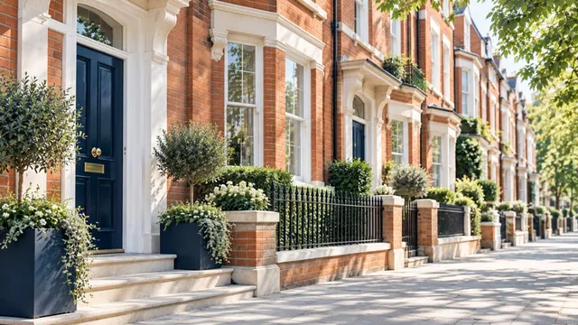 A row of Victorian red-brick terraced houses with navy front doors, white window frames and black railings on a sunny, tree-lined street