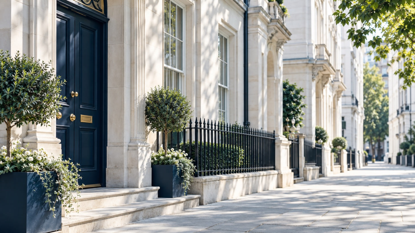 A quiet London street of pale stone townhouses with a navy front door, black iron railings and small clipped trees in soft daylight