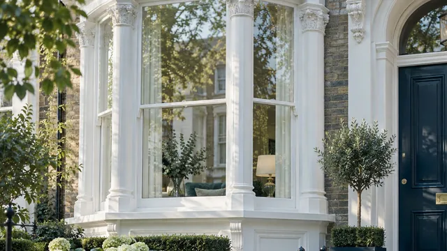 A white Victorian bay window with sash panes and soft light, a lamp glowing inside, beside a navy front door and a small olive tree