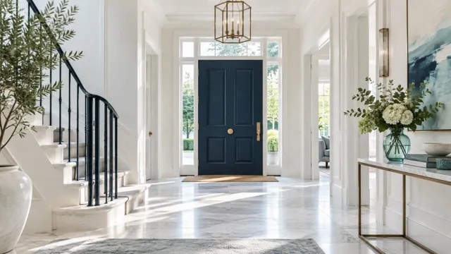 Bright, empty entrance hall with a marble floor and a white staircase, looking towards a navy front door in sunlight