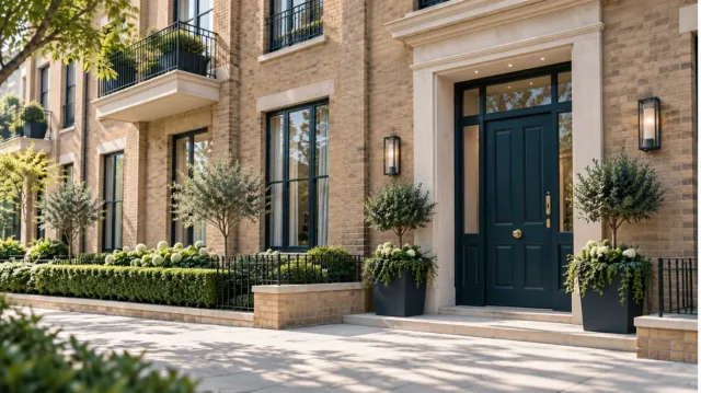 Modern brick apartment building with a navy front door, stone steps and clipped planting in morning light