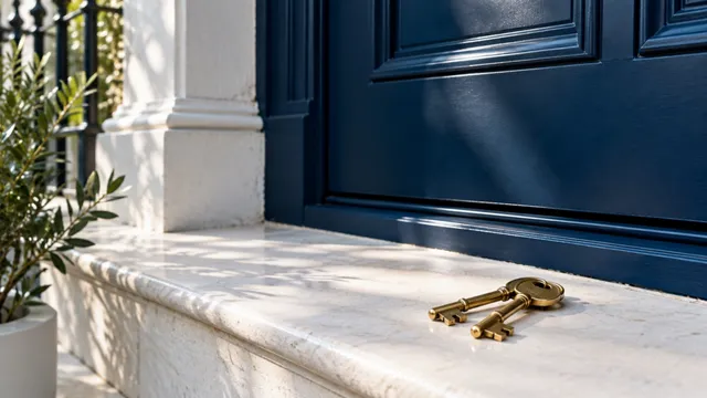Two brass keys resting on a pale stone step at the foot of a navy panelled front door, with soft leaf shadows