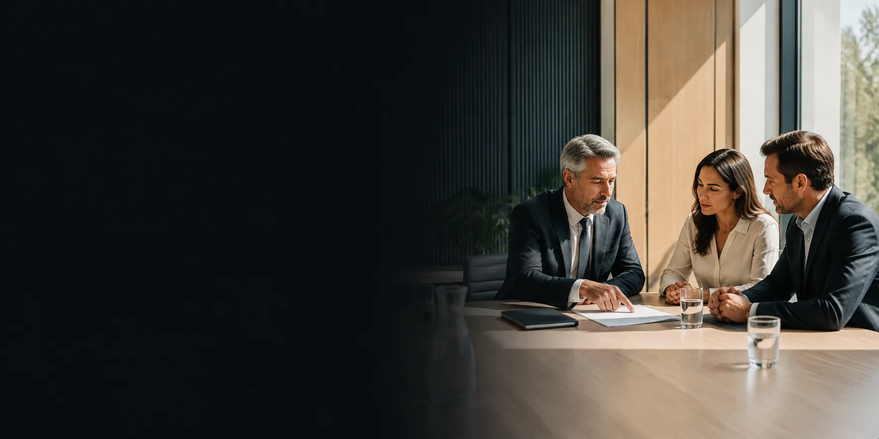 A solicitor taking two business clients through documents across a boardroom table