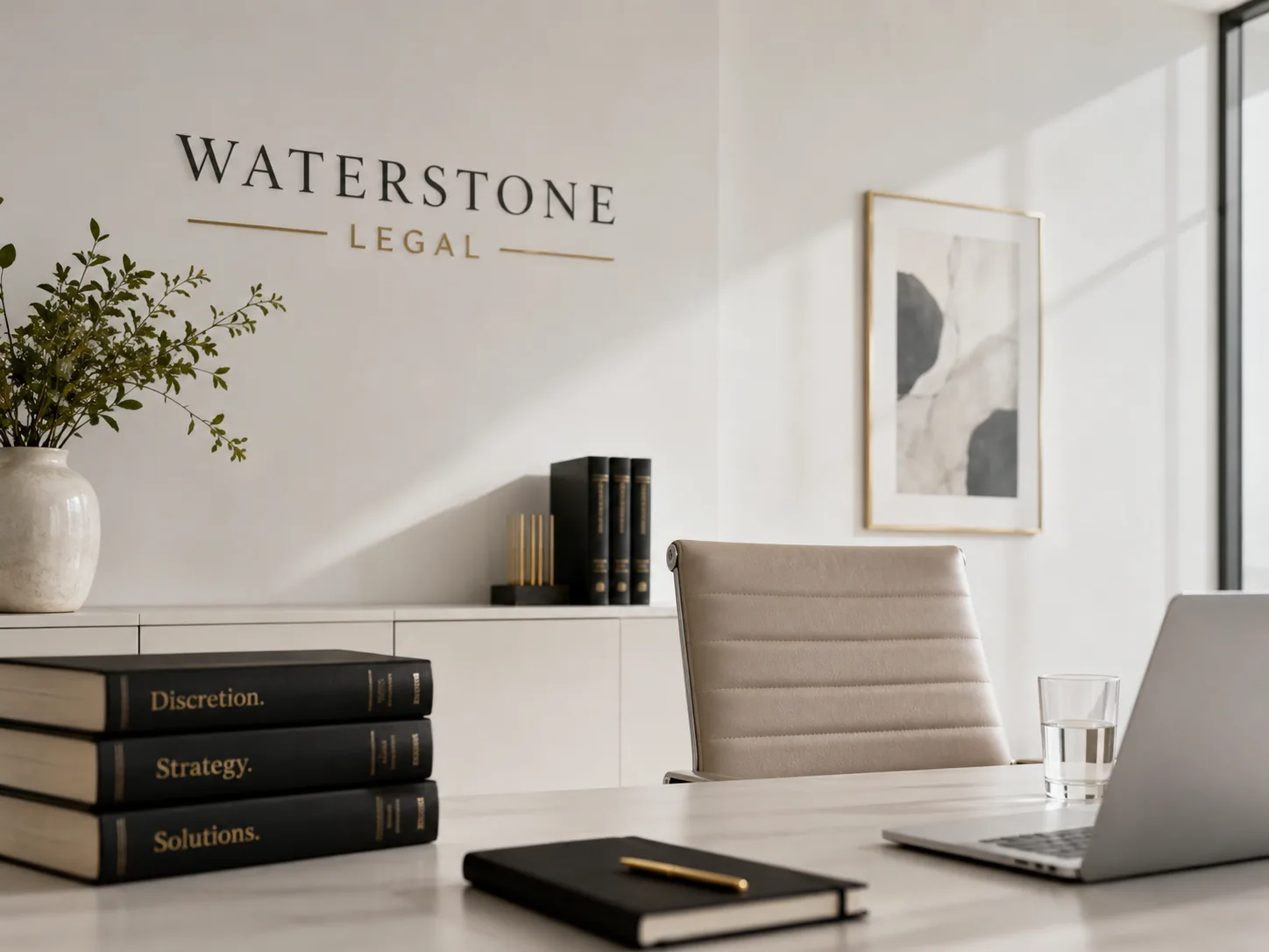 The Waterstone Legal name on the wall of the firm's office, above a desk with case files, a notebook and a laptop