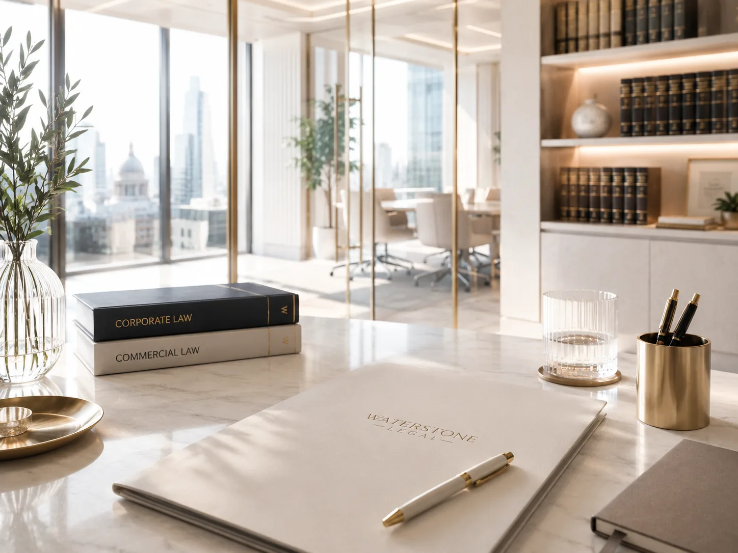 A Waterstone Legal folder and law books on a marble desk in the firm's London office, with the City skyline beyond
