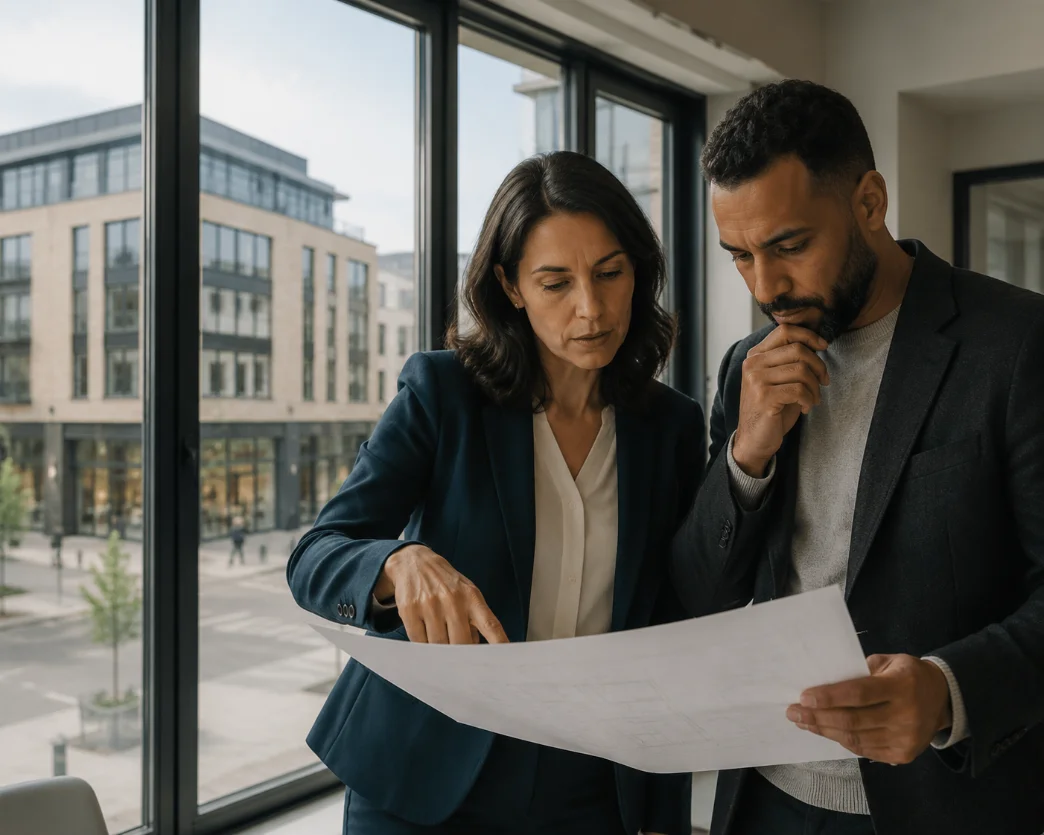 A solicitor and a client reading through case papers together beside an office window