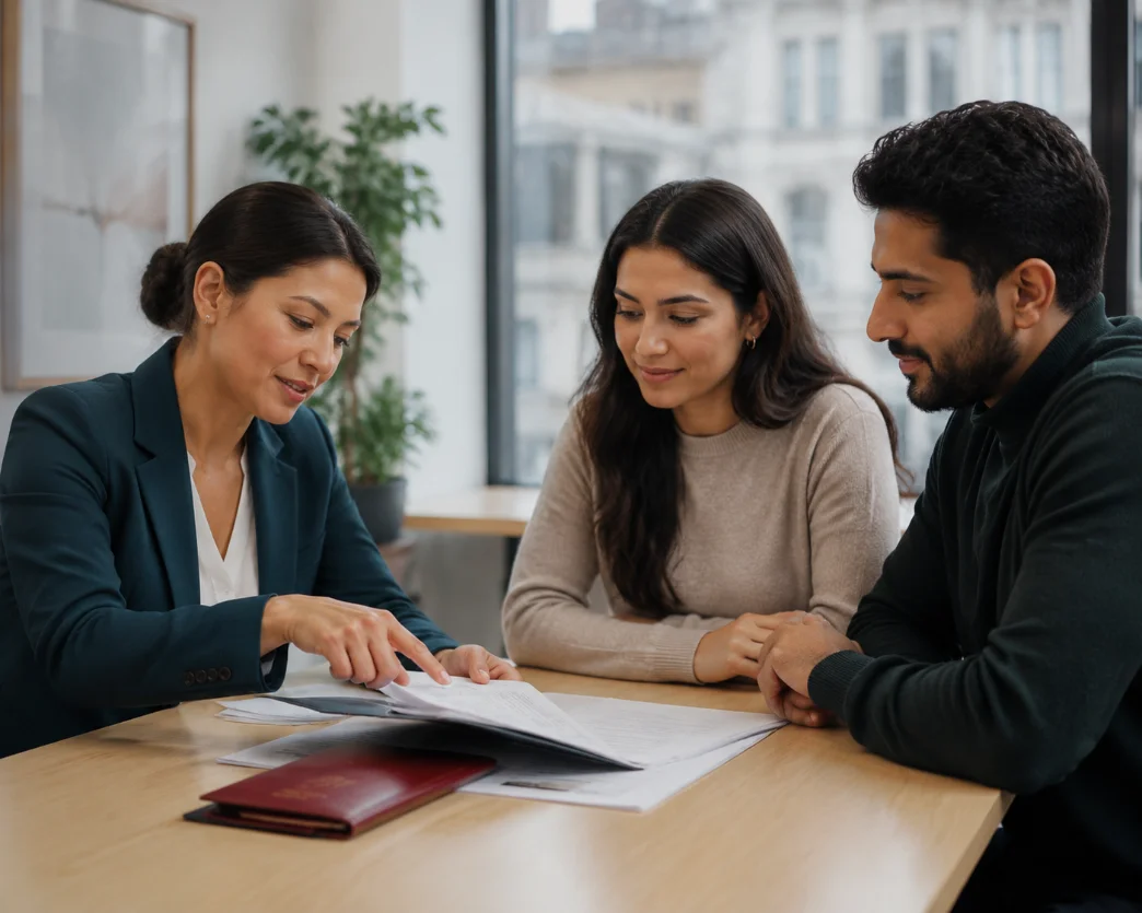 A family solicitor going through paperwork with a couple at a meeting-room table