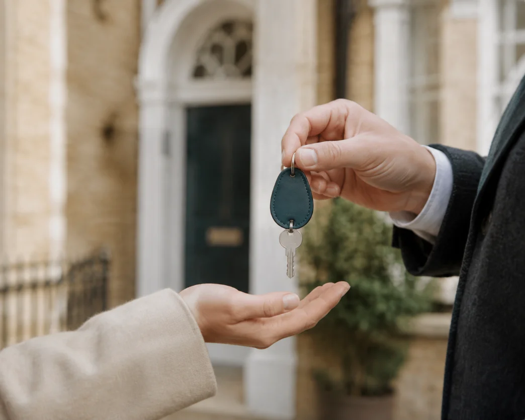 House keys being handed over on the doorstep of a period townhouse