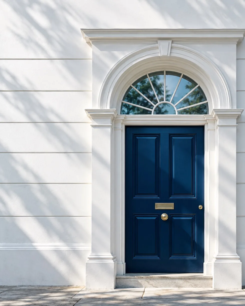 A navy Georgian front door with a white arched doorway and fanlight, in soft dappled light